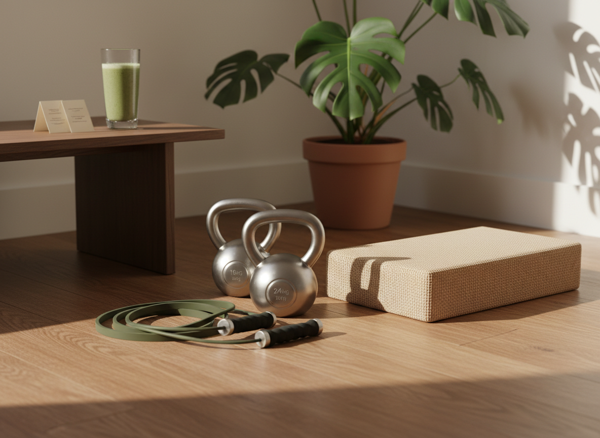 An elegantly designed home training corner featuring a dark olive-green resistance band set, a pair of brushed metal kettlebells, and a folded sand-colored exercise mat, all arranged precisely on a warm oak floor. A low, modern side table holds a tall glass of green smoothie and a small stack of recipe cards turned face-down to avoid visible text. Natural afternoon light from a nearby window casts soft, directional shadows that define each object’s texture. Photographic realism, captured from a low, three-quarter angle that makes the equipment feel substantial and accessible. The background fades into a tasteful blur of neutral walls and a single large leafy plant, creating a sophisticated, focused, and clutter-free atmosphere that emphasizes real, practical training in a vegan-oriented lifestyle.