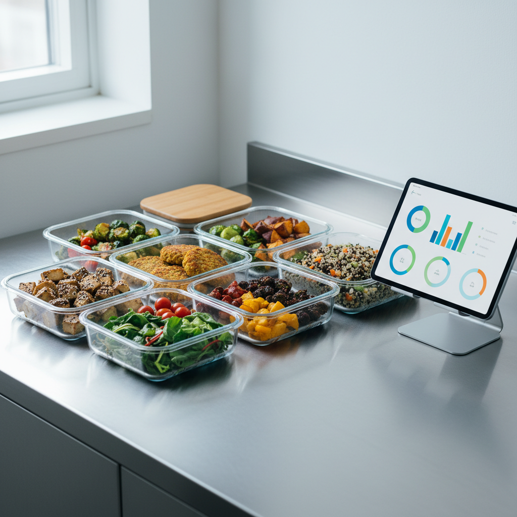 A minimalist stainless-steel kitchen countertop with a neatly arranged weekly meal-prep spread: glass containers filled with vibrant plant-based dishes like tofu, lentil patties, roasted vegetables, and leafy salads. A digital tablet on a slender stand displays an abstract interface with colorful charts and icons, deliberately blurred and without legible text. Soft, cool daylight enters from the left, reflecting subtly off the containers and steel, creating a clean, organized feel. Shot from a slightly elevated angle with sharp focus across the scene, photographic realism, the composition uses the rule of thirds to emphasize structure and autonomy. The atmosphere is sophisticated, orderly, and quietly motivating, hinting at sustainable vegan nutrition that supports consistent fitness progress.