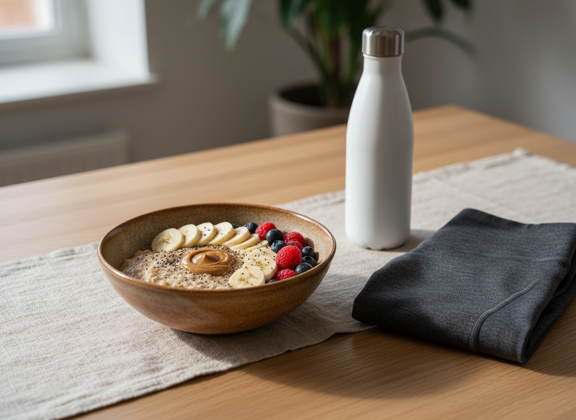 A refined breakfast scene with a deep stoneware bowl of creamy overnight oats topped with sliced banana, chia seeds, berries, and a swirl of almond butter, placed on a linen runner over a light oak table. Beside it, a slim, matte-white water bottle and a neatly folded pair of dark gray workout leggings lie partially in frame, hinting at an upcoming training session. Soft, diffused morning light from an unseen window bathes the setup, creating gentle shadows and delicate highlights on the fruit and fabric textures. Photographic realism, shot from a slightly elevated three-quarters angle with shallow depth of field so the bowl is in crisp focus and the background is tastefully blurred. The mood is serene, intentional, and sophisticated, suggesting a nourishing, plant-based start that supports sustainable fitness.